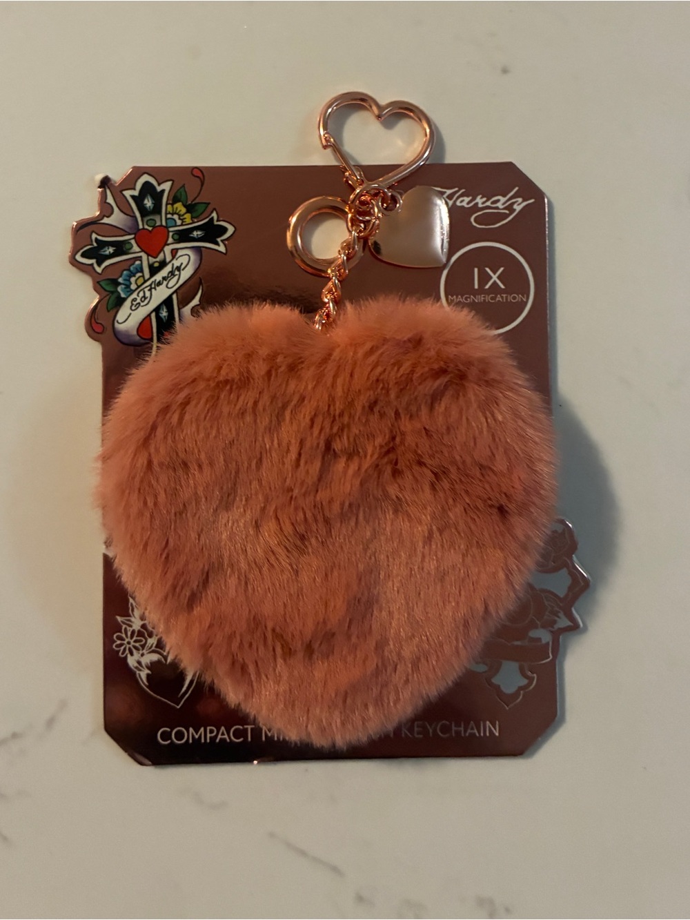 Ed Hardy Heart Compact Mirror Keychain Pink Faux Fur Rose Magnifying Mirror New